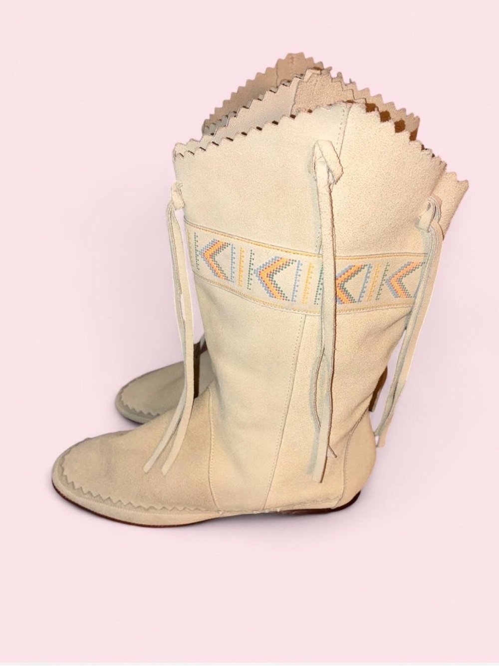 Cream Suede Mid-Calf Tassel Boots with Embroidered Trim